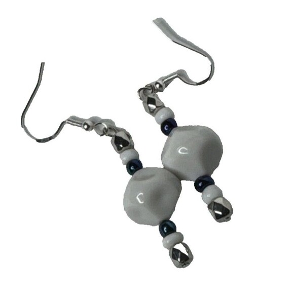 Handmade White and Blue Green Seed Bead Drop Earrings S925 Ear Hooks - Picture 4 of 6